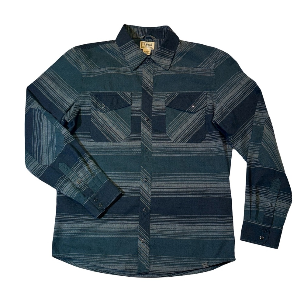 L.L. Bean mens M Medium blue stripe polyester wool button snap flannel shirt EUC